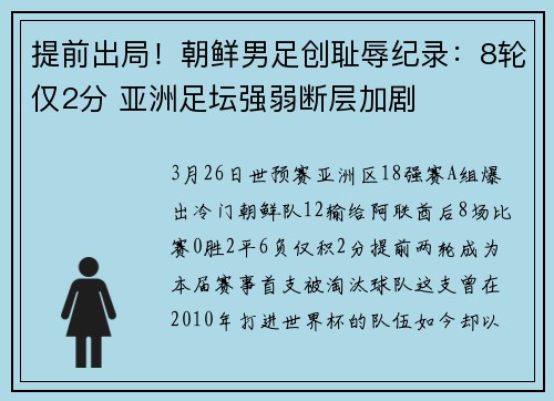 提前出局！朝鲜男足创耻辱纪录：8轮仅2分 亚洲足坛强弱断层加剧