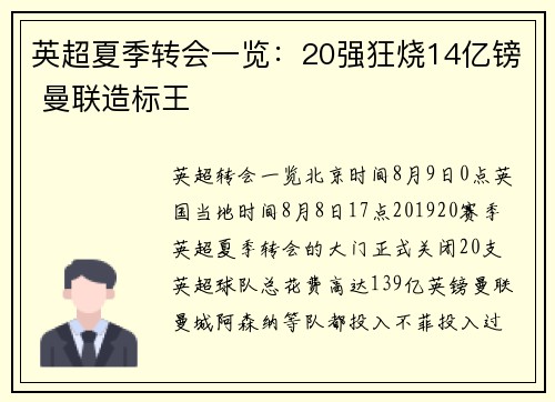 英超夏季转会一览：20强狂烧14亿镑 曼联造标王